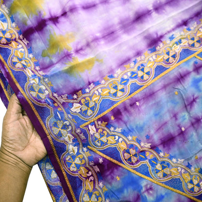 Indian Vintage Blue & Purple Saree Pure Crepe Silk Hand Embroidered Tie-Dye Sari Fabric 5yard Craft Ethnic Zardozi