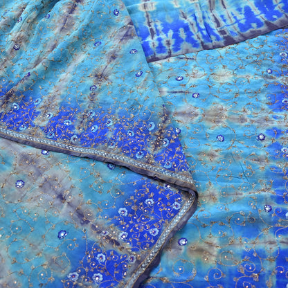 Indian Vintage Saree Pure Crepe Silk Hand Embroidered Tie-Dye Sari Fabric 5yard Sewing Craft Fabric Ethnic Dressmaking Crafting Zardozi Zari