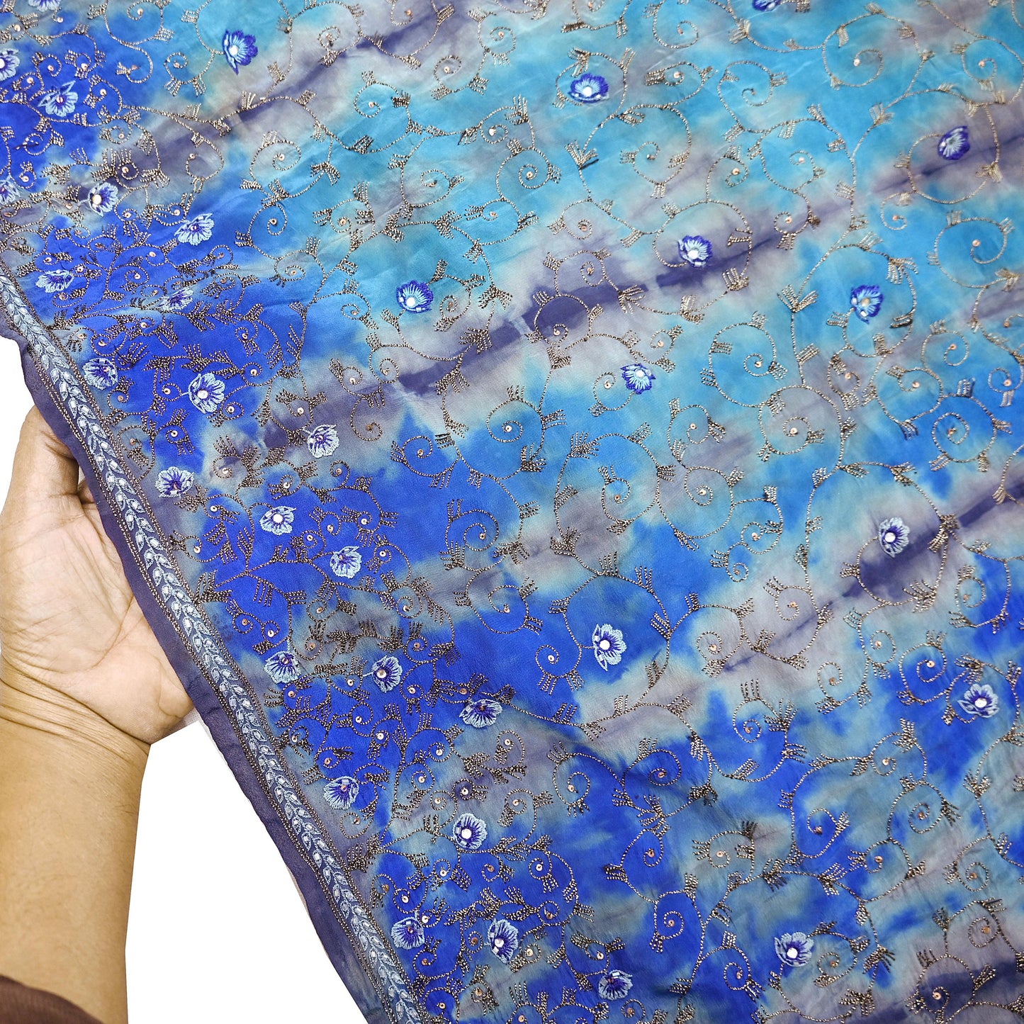 Indian Vintage Saree Pure Crepe Silk Hand Embroidered Tie-Dye Sari Fabric 5yard Sewing Craft Fabric Ethnic Dressmaking Crafting Zardozi Zari