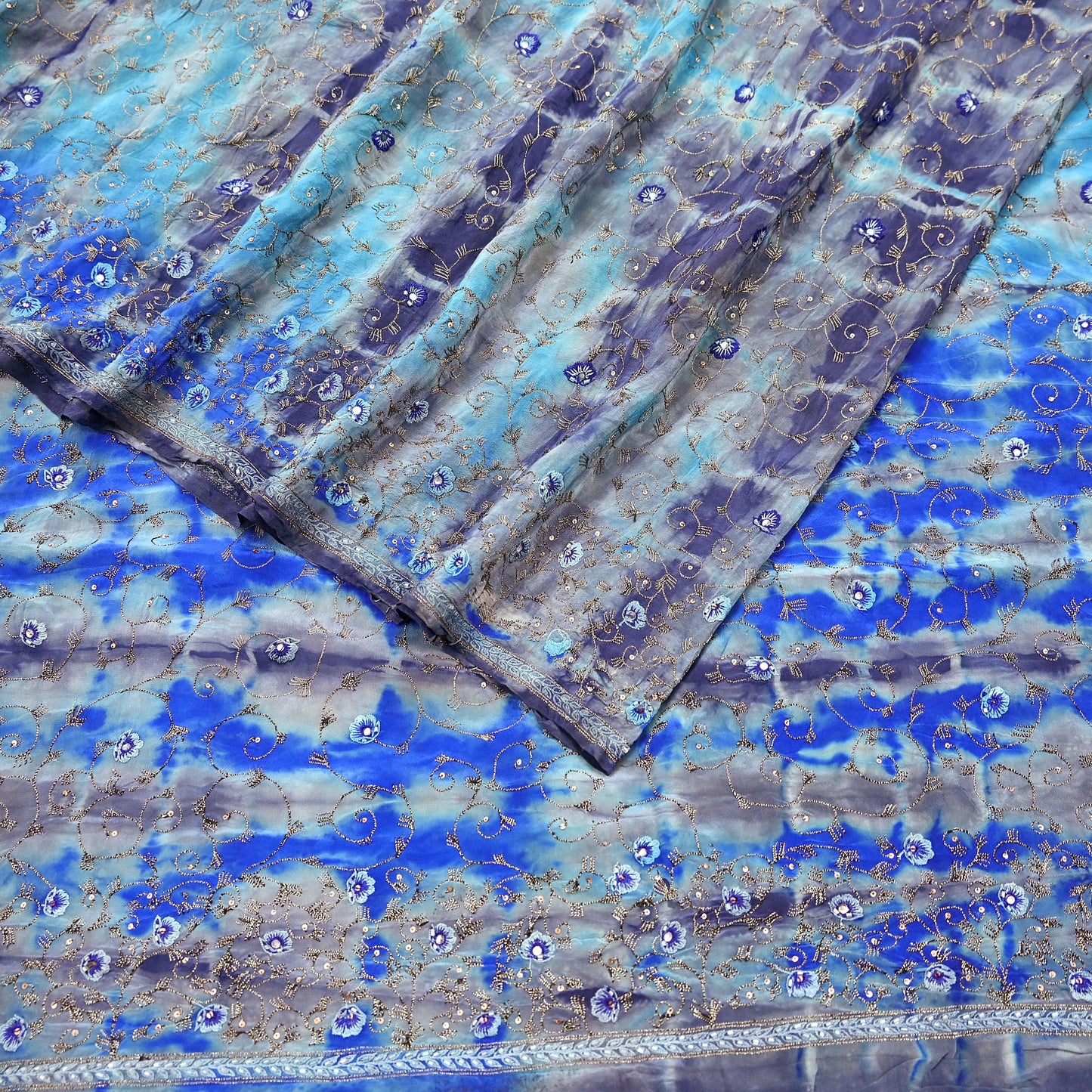 Indian Vintage Saree Pure Crepe Silk Hand Embroidered Tie-Dye Sari Fabric 5yard Sewing Craft Fabric Ethnic Dressmaking Crafting Zardozi Zari