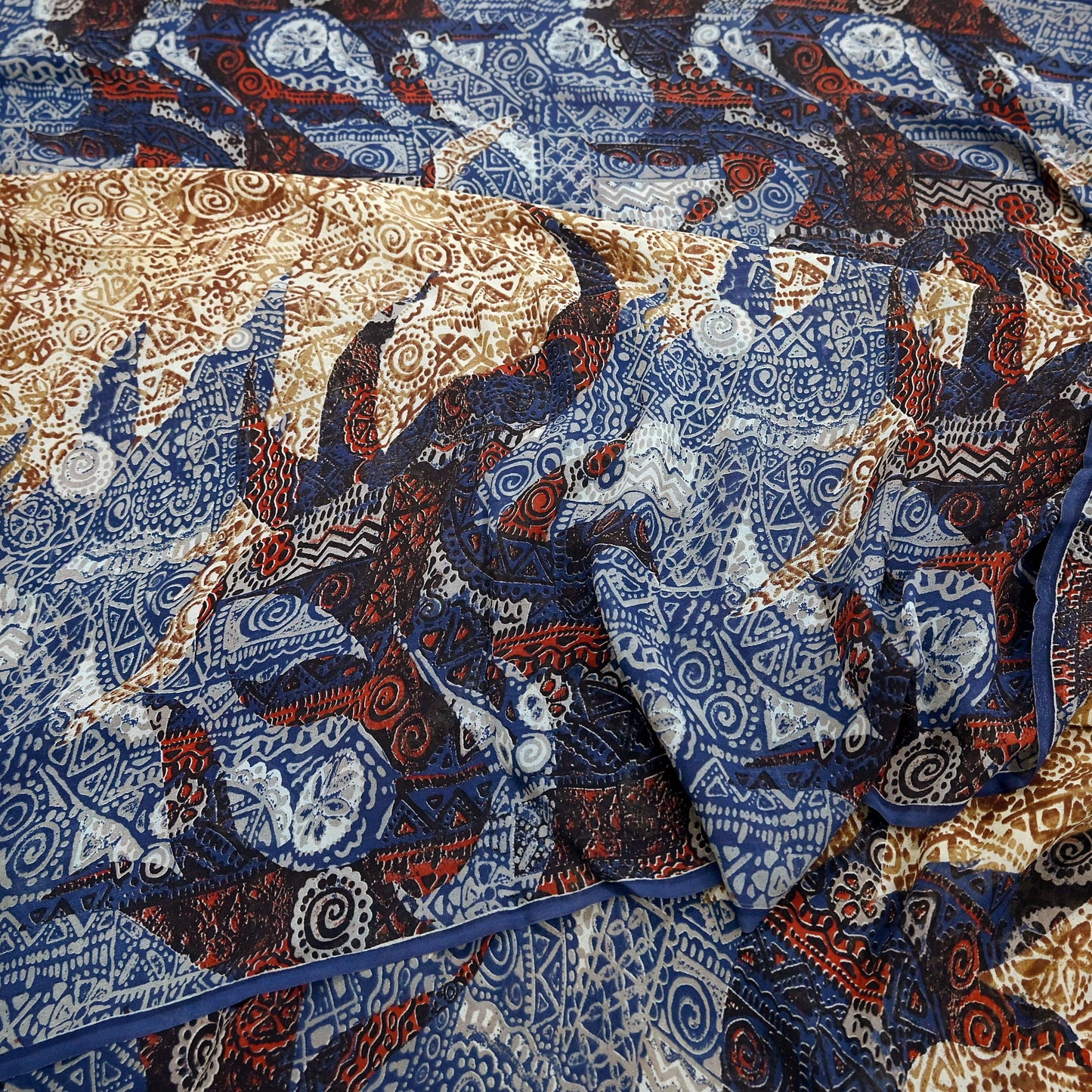 Indian Women Vintage Sari Blue & Brown 100% Pure Georgette Silk Printed Saree Sewing 5yd Soft Craft Fabric Dress Making Dress Designing