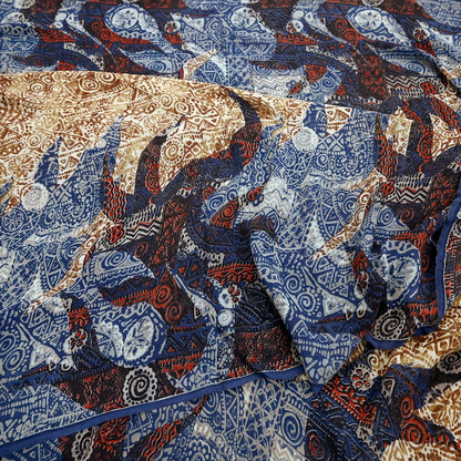 Indian Women Vintage Sari Blue & Brown 100% Pure Georgette Silk Printed Saree Sewing 5yd Soft Craft Fabric Dress Making Dress Designing
