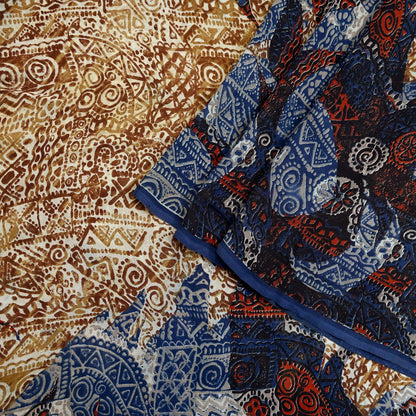 Indian Women Vintage Sari Blue & Brown 100% Pure Georgette Silk Printed Saree Sewing 5yd Soft Craft Fabric Dress Making Dress Designing