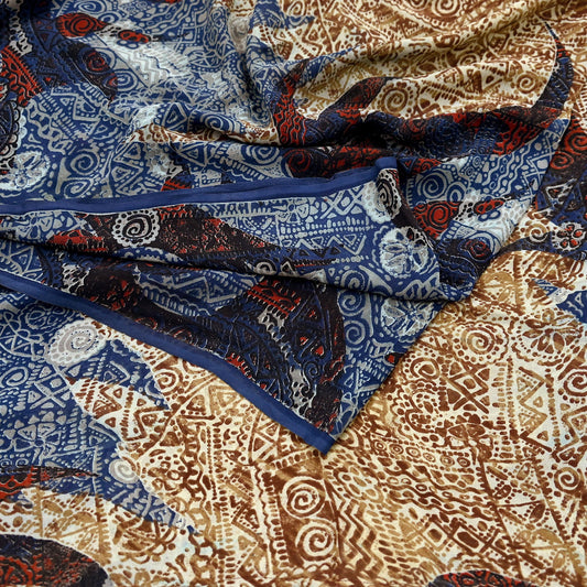 Indian Women Vintage Sari Blue & Brown 100% Pure Georgette Silk Printed Saree Sewing 5yd Soft Craft Fabric Dress Making Dress Designing