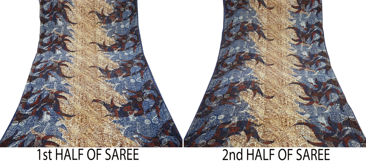 Indian Women Vintage Sari Blue & Brown 100% Pure Georgette Silk Printed Saree Sewing 5yd Soft Craft Fabric Dress Making Dress Designing