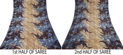 Indian Women Vintage Sari Blue & Brown 100% Pure Georgette Silk Printed Saree Sewing 5yd Soft Craft Fabric Dress Making Dress Designing