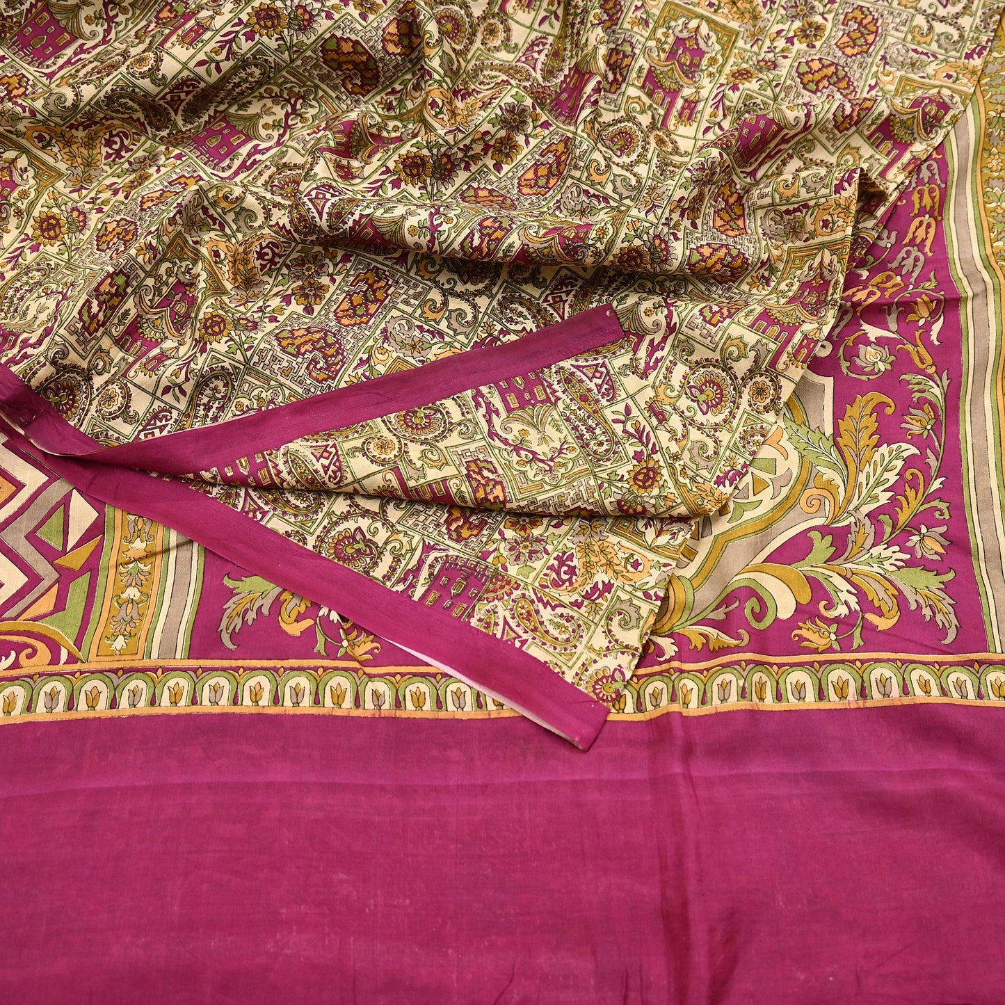 Indian Vintage Beige & Purple Pure Silk Printed Saree 5Yards Soft Floral Fabric for Dressmaking, Quilting, Crafting, Sewing, Dress Making