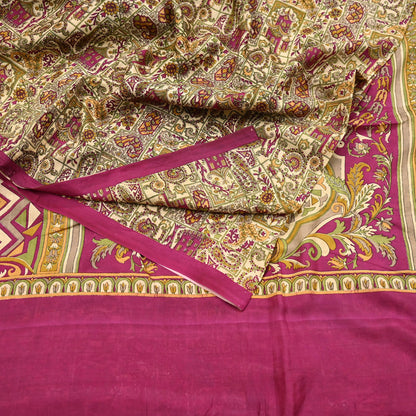Indian Vintage Beige & Purple Pure Silk Printed Saree 5Yards Soft Floral Fabric for Dressmaking, Quilting, Crafting, Sewing, Dress Making