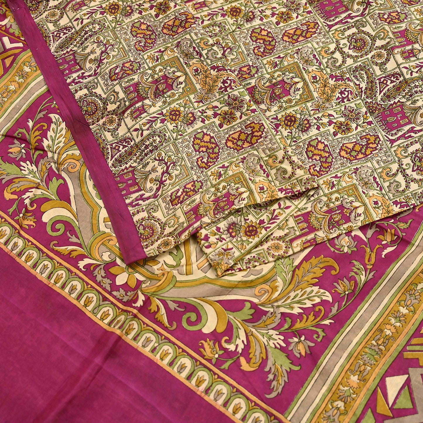 Indian Vintage Beige & Purple Pure Silk Printed Saree 5Yards Soft Floral Fabric for Dressmaking, Quilting, Crafting, Sewing, Dress Making