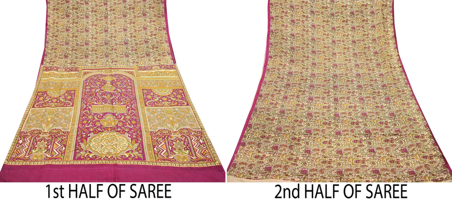 Indian Vintage Beige & Purple Pure Silk Printed Saree 5Yards Soft Floral Fabric for Dressmaking, Quilting, Crafting, Sewing, Dress Making