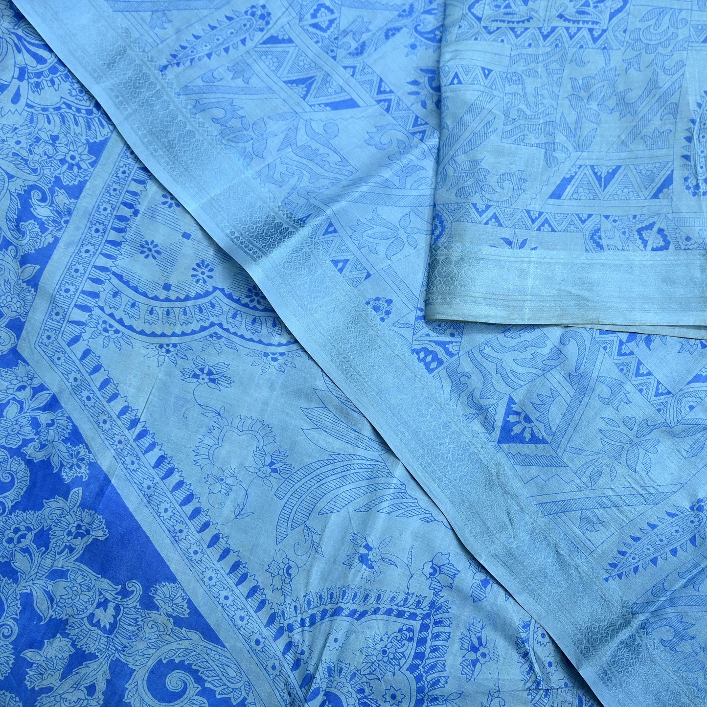 Indian Vintage Sari Blue Pure Silk Printed Saree 6yard Sewing Craft Fabric DressMaking Wrap Floral