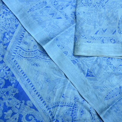 Indian Vintage Sari Blue Pure Silk Printed Saree 6yard Sewing Craft Fabric DressMaking Wrap Floral