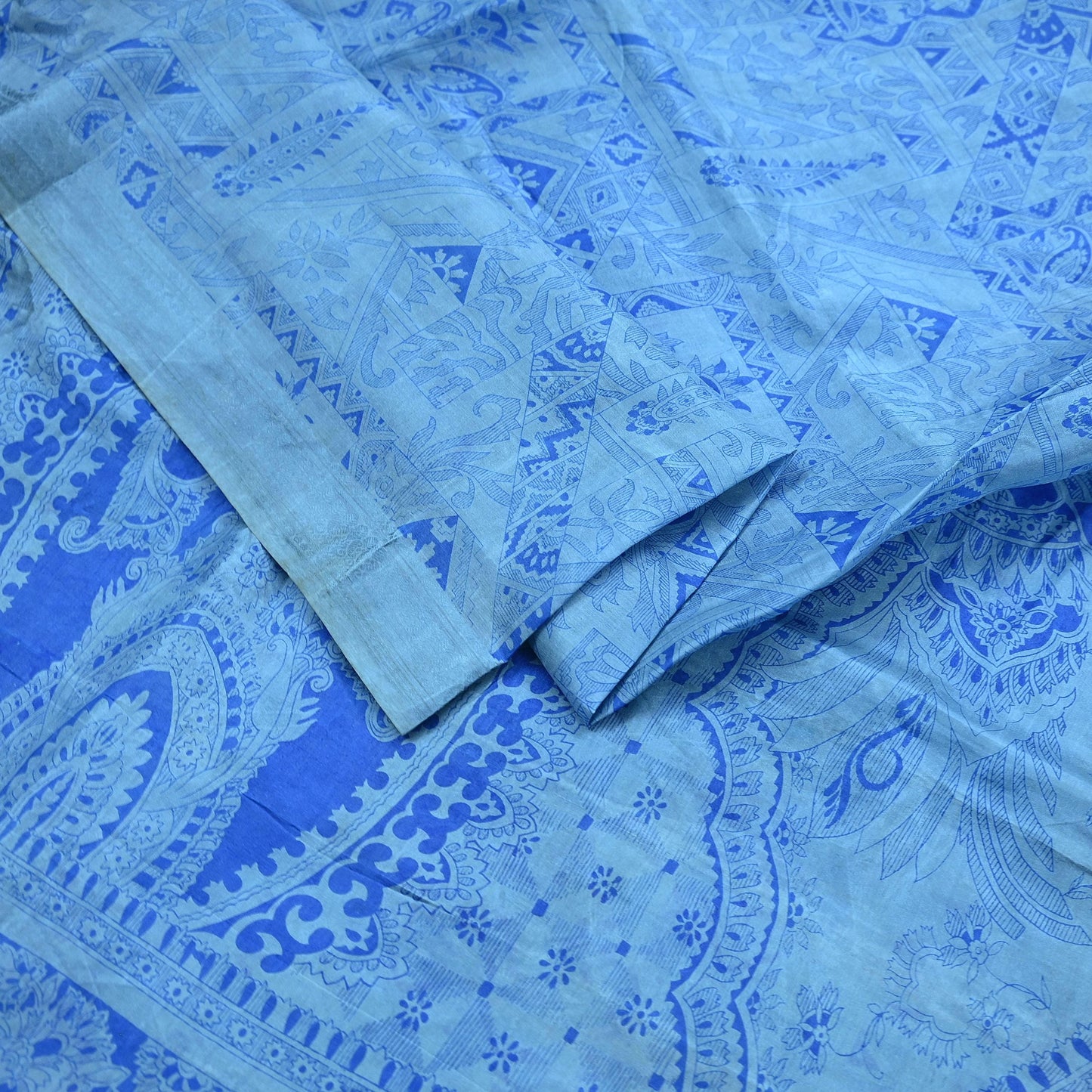 Indian Vintage Sari Blue Pure Silk Printed Saree 6yard Sewing Craft Fabric DressMaking Wrap Floral