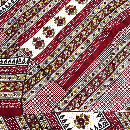 Indian Vintage Sari Maroon & Ivory 100% Pure Silk Printed Sarees 5yd Craft Fabric Sewing Dress Making Floral Quilting Crafting Upcycle Used
