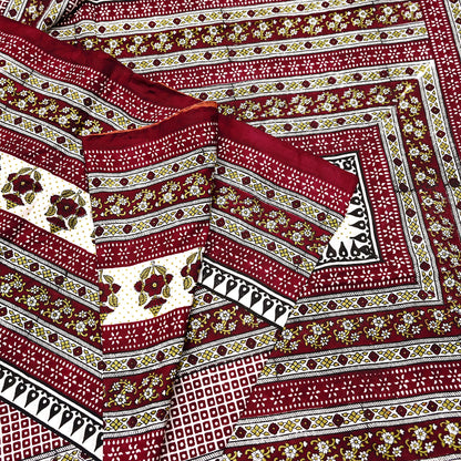 Indian Vintage Sari Maroon & Ivory 100% Pure Silk Printed Sarees 5yd Craft Fabric Sewing Dress Making Floral Quilting Crafting Upcycle Used
