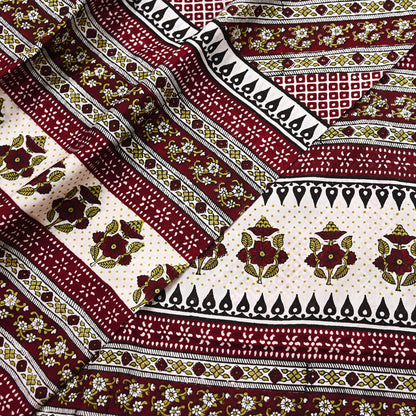 Indian Vintage Sari Maroon & Ivory 100% Pure Silk Printed Sarees 5yd Craft Fabric Sewing Dress Making Floral Quilting Crafting Upcycle Used