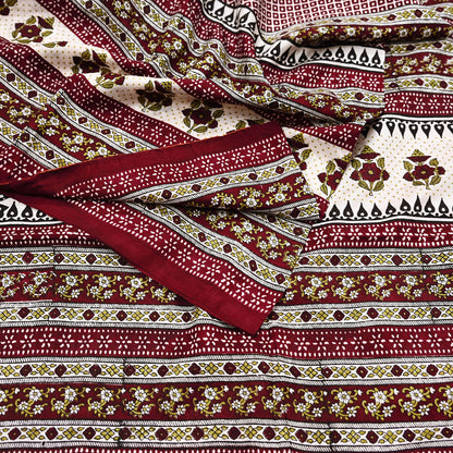 Indian Vintage Sari Maroon & Ivory 100% Pure Silk Printed Sarees 5yd Craft Fabric Sewing Dress Making Floral Quilting Crafting Upcycle Used