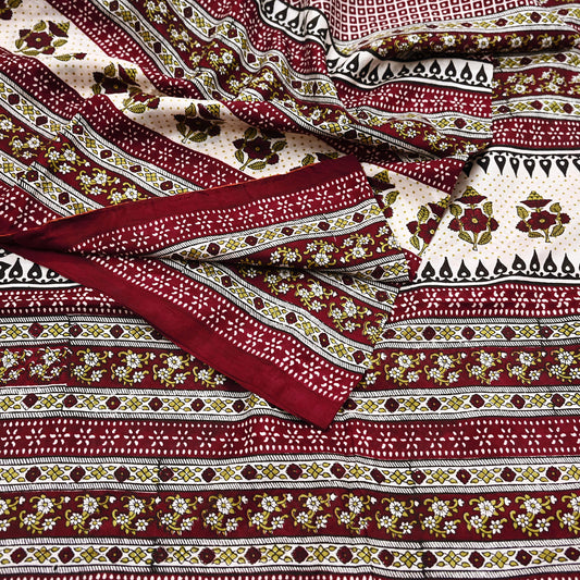 Indian Vintage Sari Maroon & Ivory 100% Pure Silk Printed Sarees 5yd Craft Fabric Sewing Dress Making Floral Quilting Crafting Upcycle Used