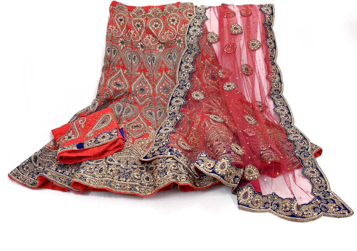 Indian Heavy Red Colored Raw Silk/Net Hand Embroidered Lehenga 3pcs Set By Designer Sabyasachi Bridal Wear