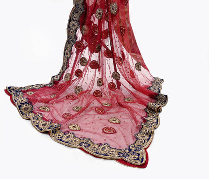 Indian Heavy Wedding Dupatta Maroon Net Long Stole Hand Embroidered By Designer Sabyasachi Scarves Zardozi Bridal Veil