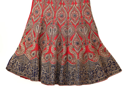 Indian Vintage Heavy Red Pure chanderi Silk Hand Embroidered semi stitched Lehenga/Skirt By Designer Sabyasachi Bridal Wear Dabka/ Zardozi