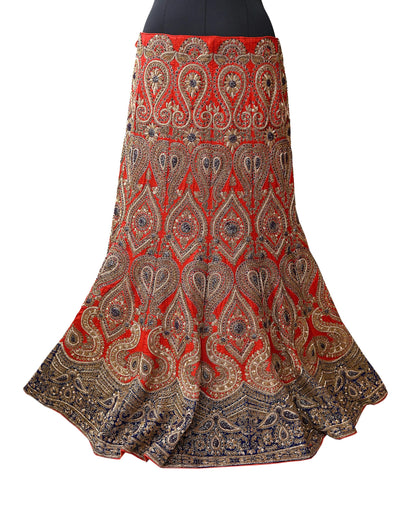 Indian Vintage Heavy Red Pure chanderi Silk Hand Embroidered semi stitched Lehenga/Skirt By Designer Sabyasachi Bridal Wear Dabka/ Zardozi