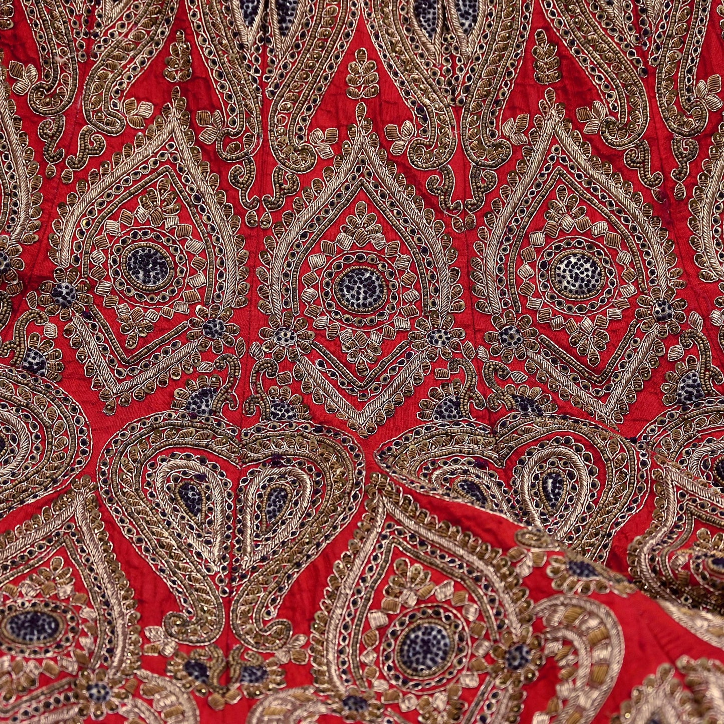 Indian Vintage Heavy Red Pure chanderi Silk Hand Embroidered semi stitched Lehenga/Skirt By Designer Sabyasachi Bridal Wear Dabka/ Zardozi