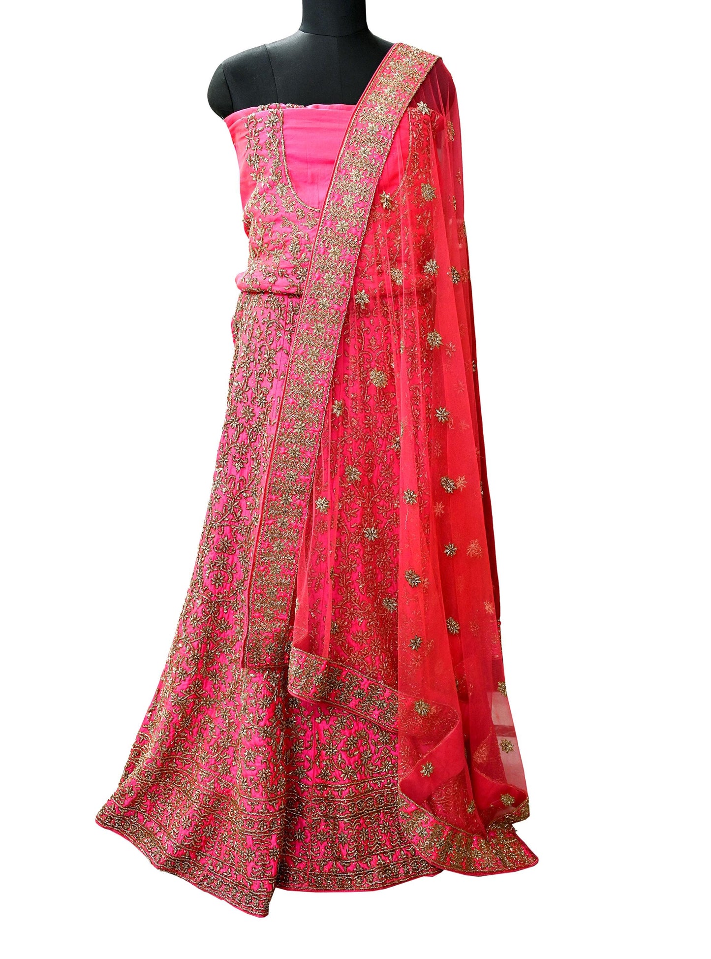 Indian party wear Rani Pink & Peach Net Raw silk Hand Embroidered Semi Stitched Lehenga Set of 3pcs Bollywood style wedding wear