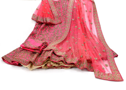 Indian party wear Rani Pink & Peach Net Raw silk Hand Embroidered Semi Stitched Lehenga Set of 3pcs Bollywood style wedding wear
