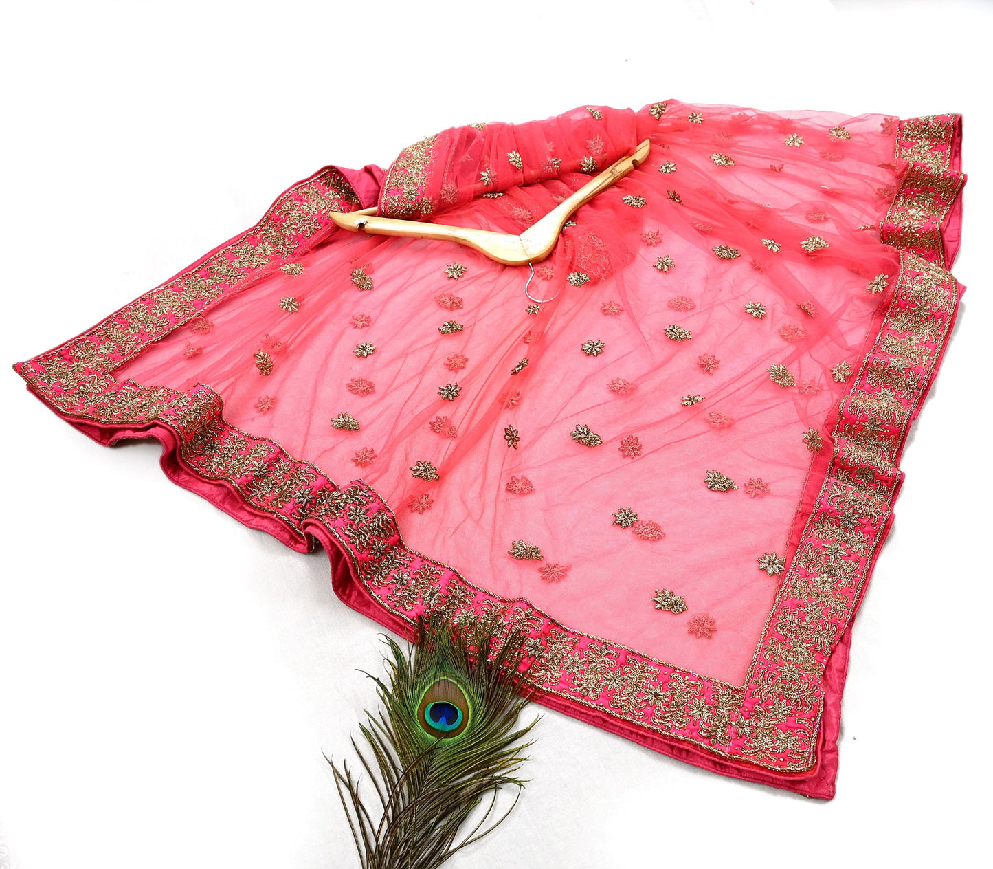 Indian Vintage Heavy Peach Dupatta Net Mesh Long Stole Hand Embroidered Scarves Golden Zardozi Dabka Zari Stole Bridal/ Wedding veil