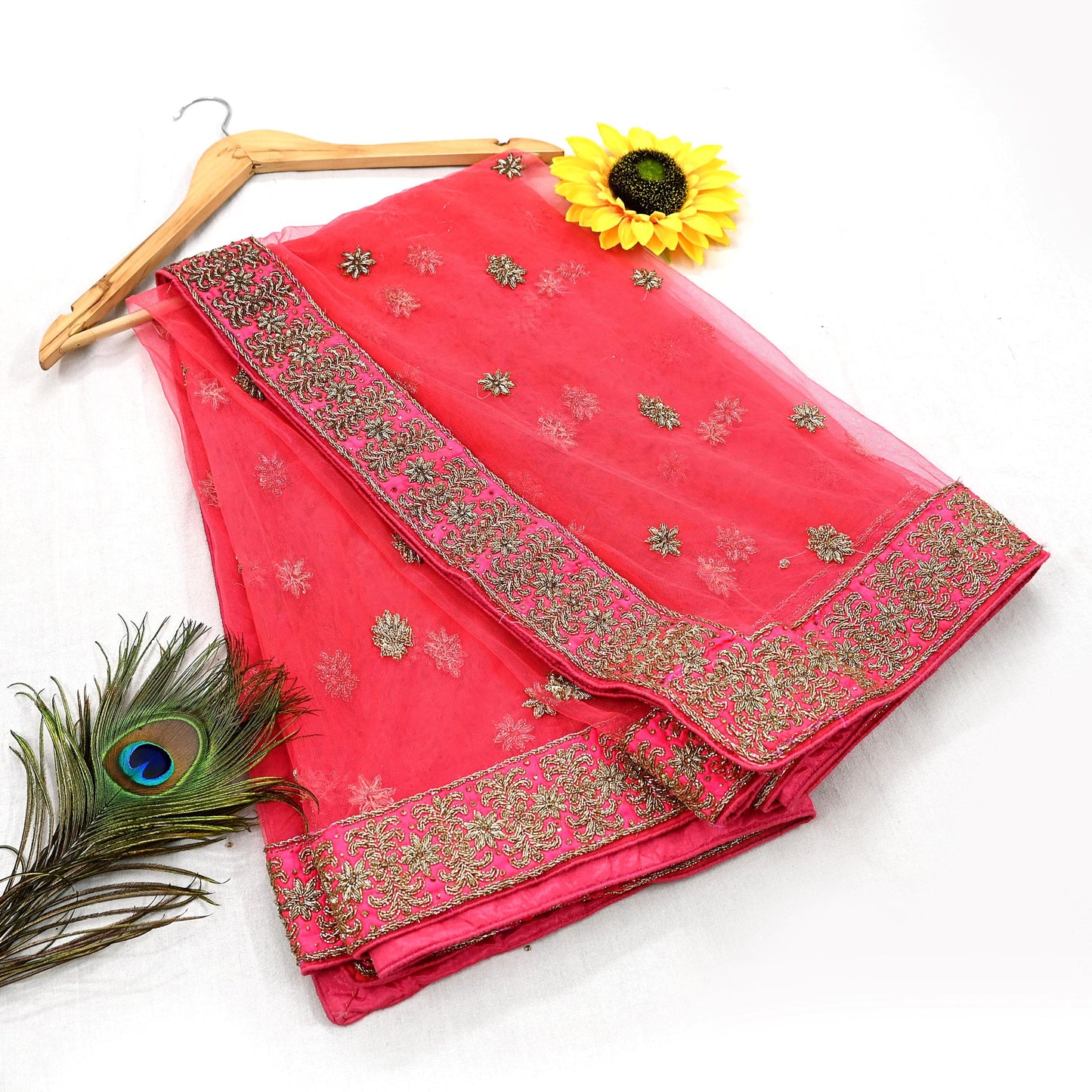 Indian Vintage Heavy Peach Dupatta Net Mesh Long Stole Hand Embroidered Scarves Golden Zardozi Dabka Zari Stole Bridal/ Wedding veil