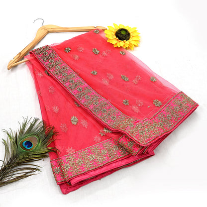 Indian Vintage Heavy Peach Dupatta Net Mesh Long Stole Hand Embroidered Scarves Golden Zardozi Dabka Zari Stole Bridal/ Wedding veil