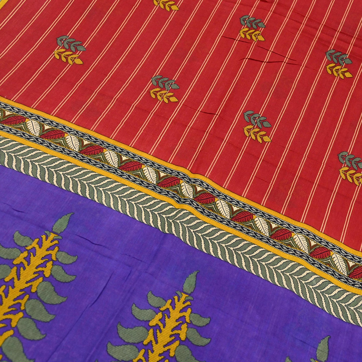 Indian Vintage Sari Purple & Red Block Printed Pure Cotton Saree Craft Fabric 5Yd Sewing Sarong Wrap Boho Floral Crafting Upcycle Quilting