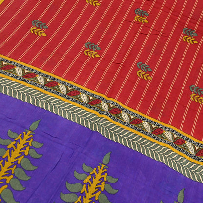 Indian Vintage Sari Purple & Red Block Printed Pure Cotton Saree Craft Fabric 5Yd Sewing Sarong Wrap Boho Floral Crafting Upcycle Quilting