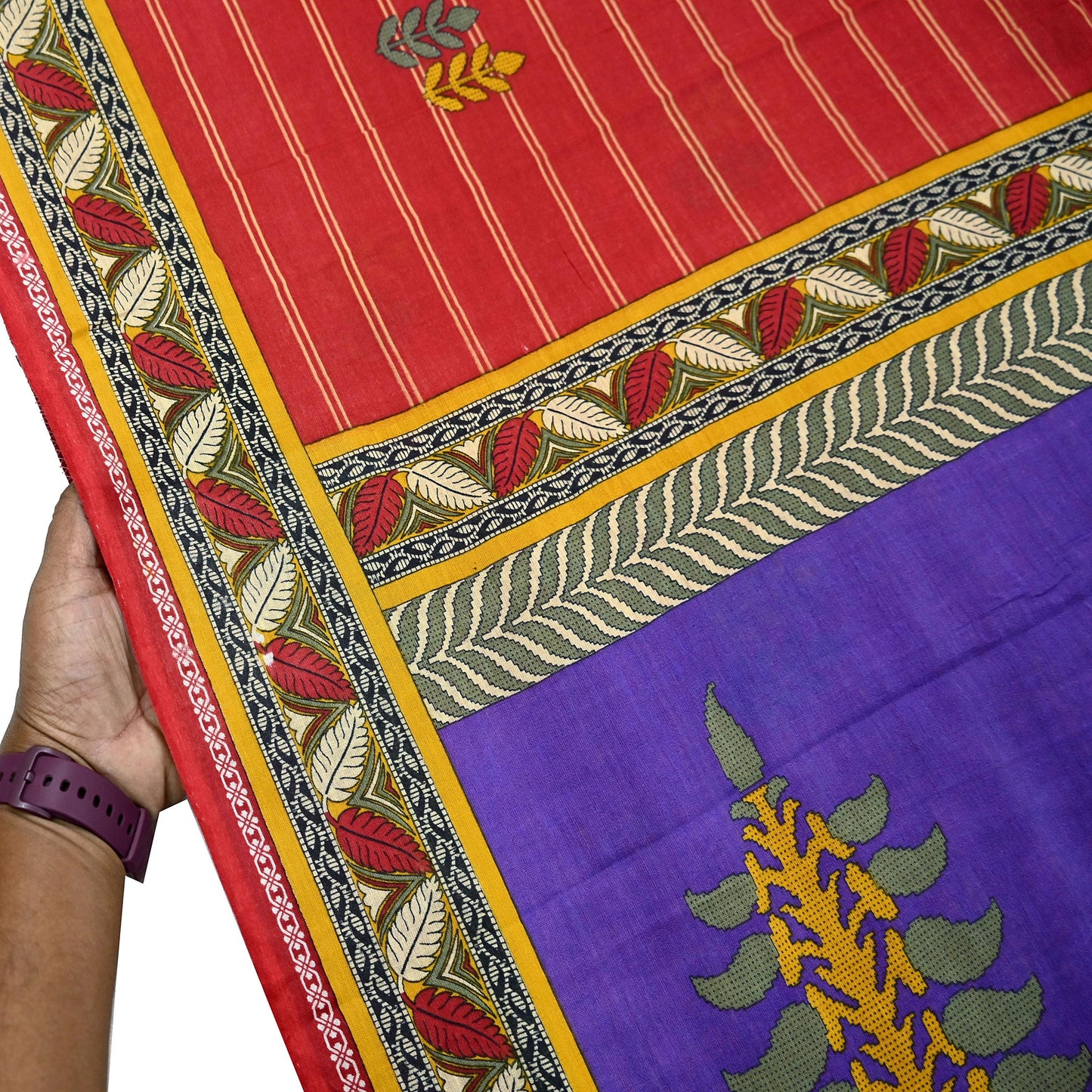 Indian Vintage Sari Purple & Red Block Printed Pure Cotton Saree Craft Fabric 5Yd Sewing Sarong Wrap Boho Floral Crafting Upcycle Quilting