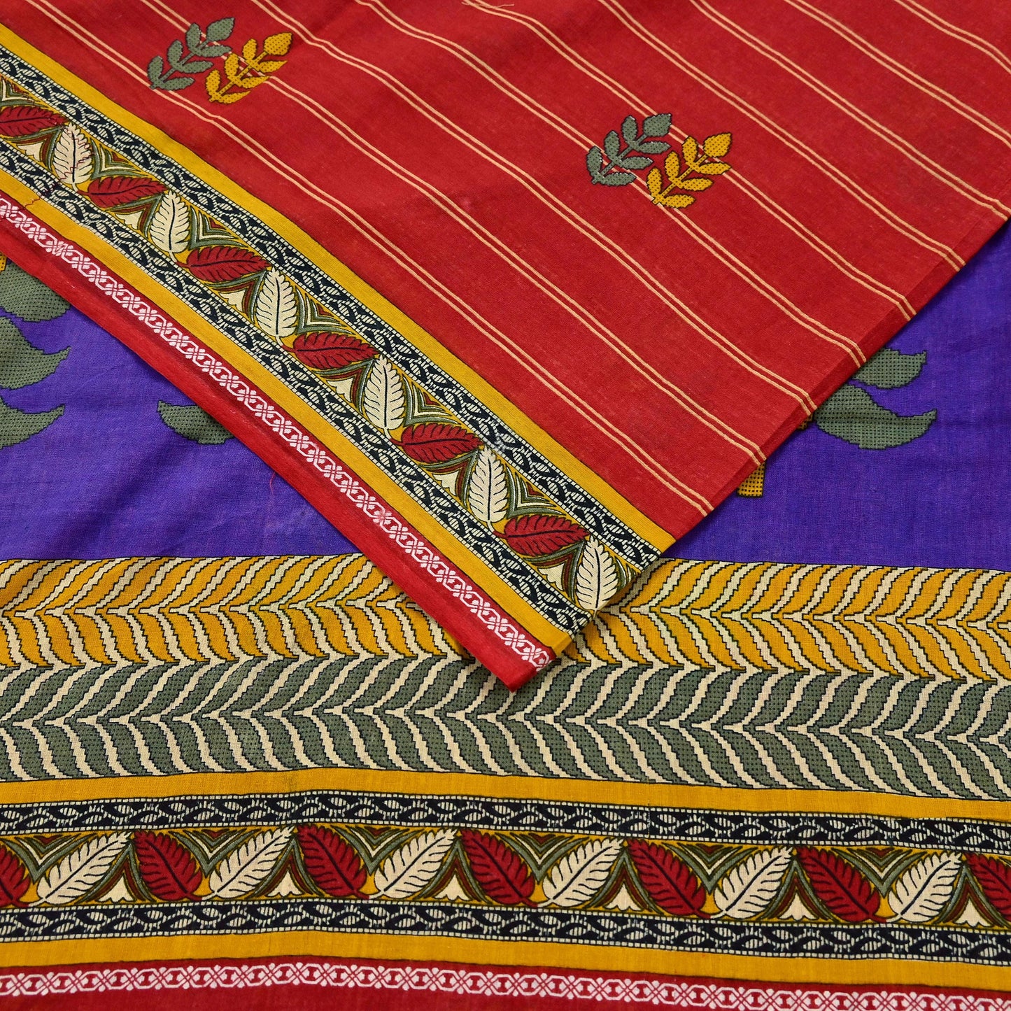 Indian Vintage Sari Purple & Red Block Printed Pure Cotton Saree Craft Fabric 5Yd Sewing Sarong Wrap Boho Floral Crafting Upcycle Quilting