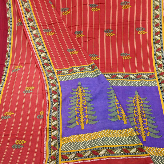 Indian Vintage Sari Purple & Red Block Printed Pure Cotton Saree Craft Fabric 5Yd Sewing Sarong Wrap Boho Floral Crafting Upcycle Quilting