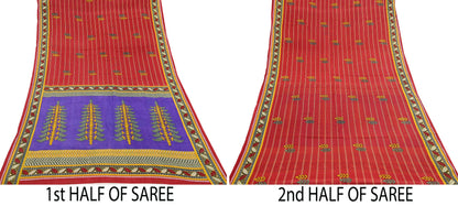 Indian Vintage Sari Purple & Red Block Printed Pure Cotton Saree Craft Fabric 5Yd Sewing Sarong Wrap Boho Floral Crafting Upcycle Quilting