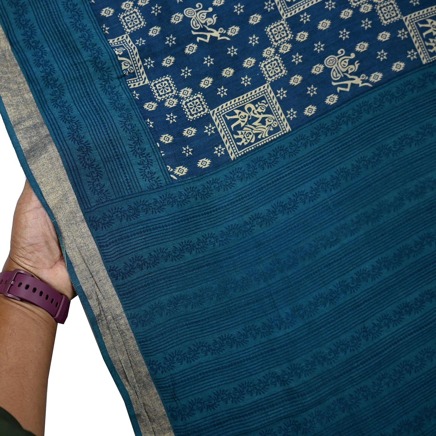 Indian Vintage Sari Blue Pure chanderi Silk Bagru Printed Sarees Fabric 5Yd Floral Soft Golden Zari Border Ethnic Dress making Upcycle