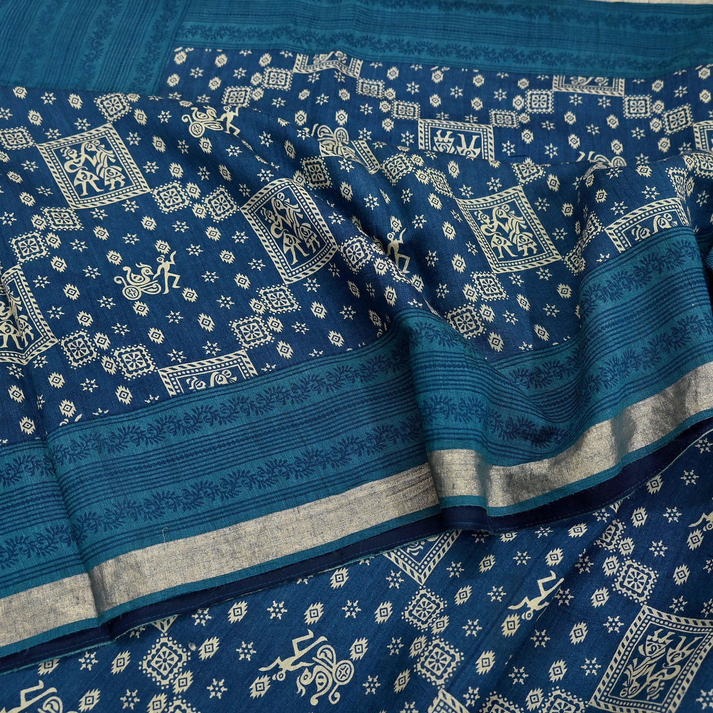 Indian Vintage Sari Blue Pure chanderi Silk Bagru Printed Sarees Fabric 5Yd Floral Soft Golden Zari Border Ethnic Dress making Upcycle