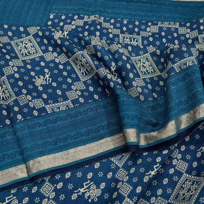 Indian Vintage Sari Blue Pure chanderi Silk Bagru Printed Sarees Fabric 5Yd Floral Soft Golden Zari Border Ethnic Dress making Upcycle