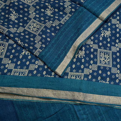 Indian Vintage Sari Blue Pure chanderi Silk Bagru Printed Sarees Fabric 5Yd Floral Soft Golden Zari Border Ethnic Dress making Upcycle