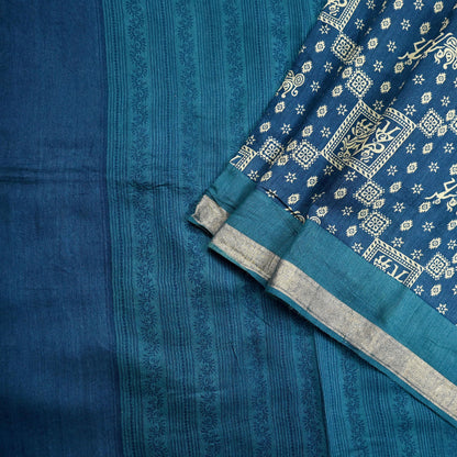 Indian Vintage Sari Blue Pure chanderi Silk Bagru Printed Sarees Fabric 5Yd Floral Soft Golden Zari Border Ethnic Dress making Upcycle