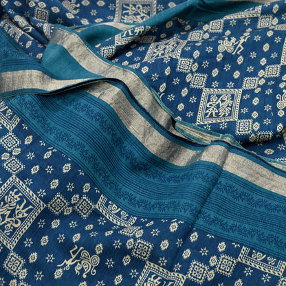 Indian Vintage Sari Blue Pure chanderi Silk Bagru Printed Sarees Fabric 5Yd Floral Soft Golden Zari Border Ethnic Dress making Upcycle