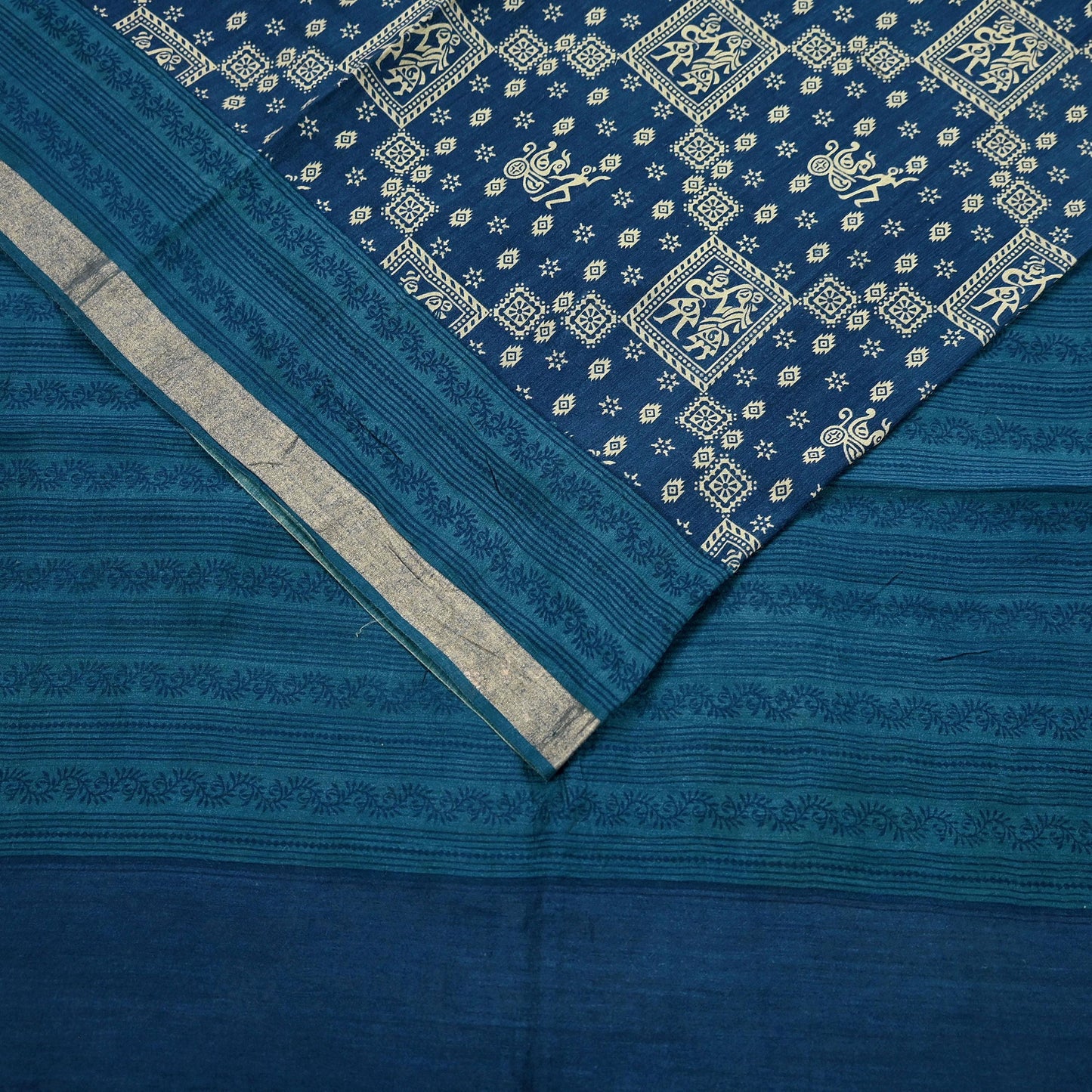 Indian Vintage Sari Blue Pure chanderi Silk Bagru Printed Sarees Fabric 5Yd Floral Soft Golden Zari Border Ethnic Dress making Upcycle