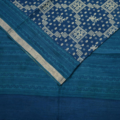 Indian Vintage Sari Blue Pure chanderi Silk Bagru Printed Sarees Fabric 5Yd Floral Soft Golden Zari Border Ethnic Dress making Upcycle