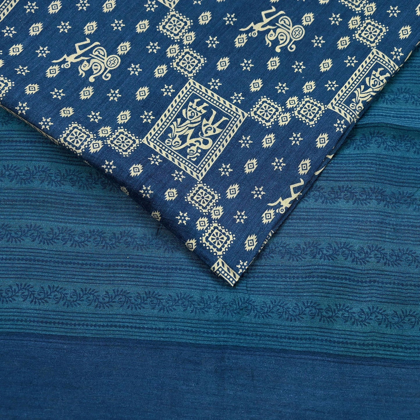 Indian Vintage Sari Blue Pure chanderi Silk Bagru Printed Sarees Fabric 5Yd Floral Soft Golden Zari Border Ethnic Dress making Upcycle