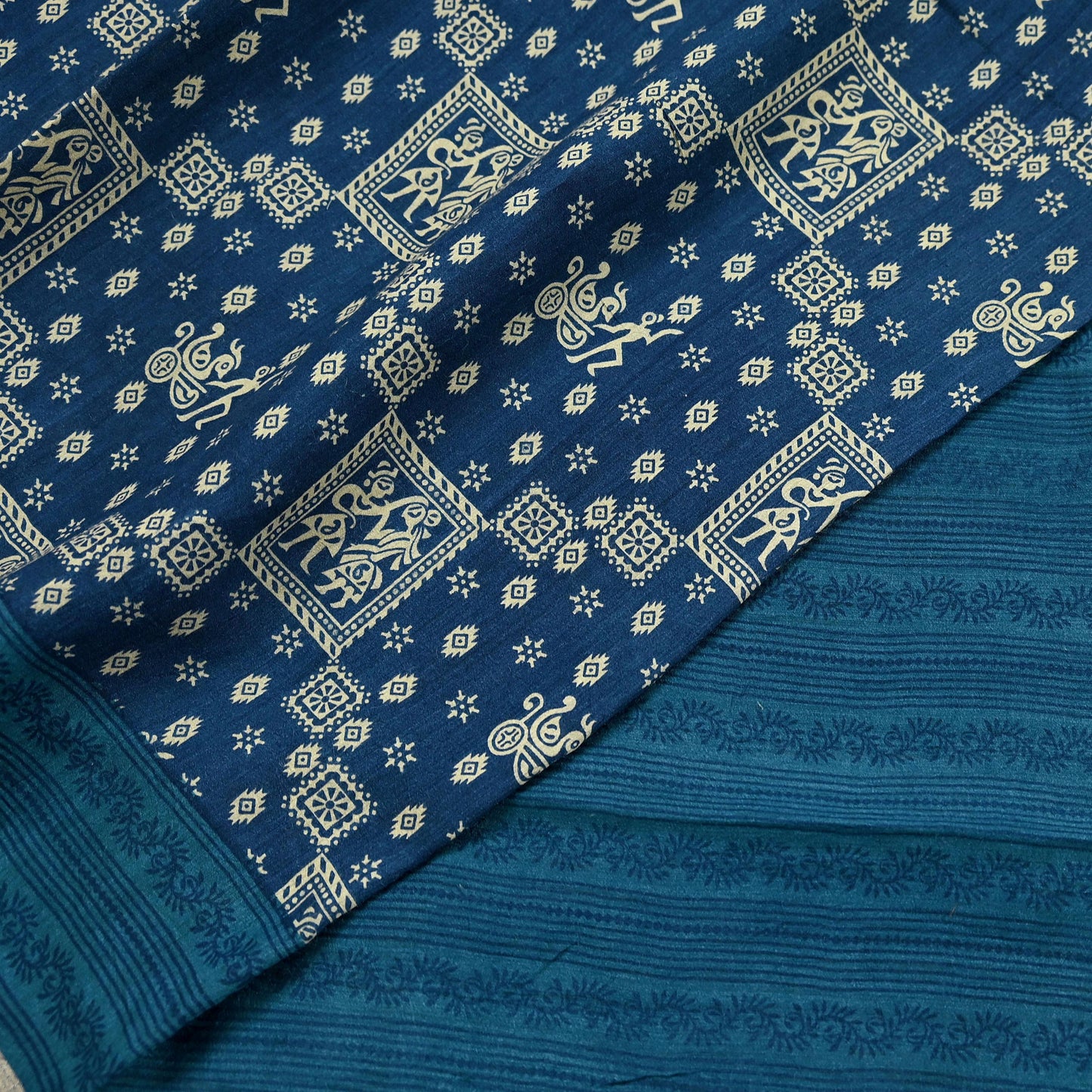 Indian Vintage Sari Blue Pure chanderi Silk Bagru Printed Sarees Fabric 5Yd Floral Soft Golden Zari Border Ethnic Dress making Upcycle