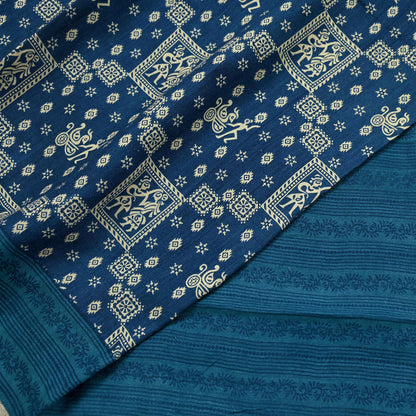 Indian Vintage Sari Blue Pure chanderi Silk Bagru Printed Sarees Fabric 5Yd Floral Soft Golden Zari Border Ethnic Dress making Upcycle