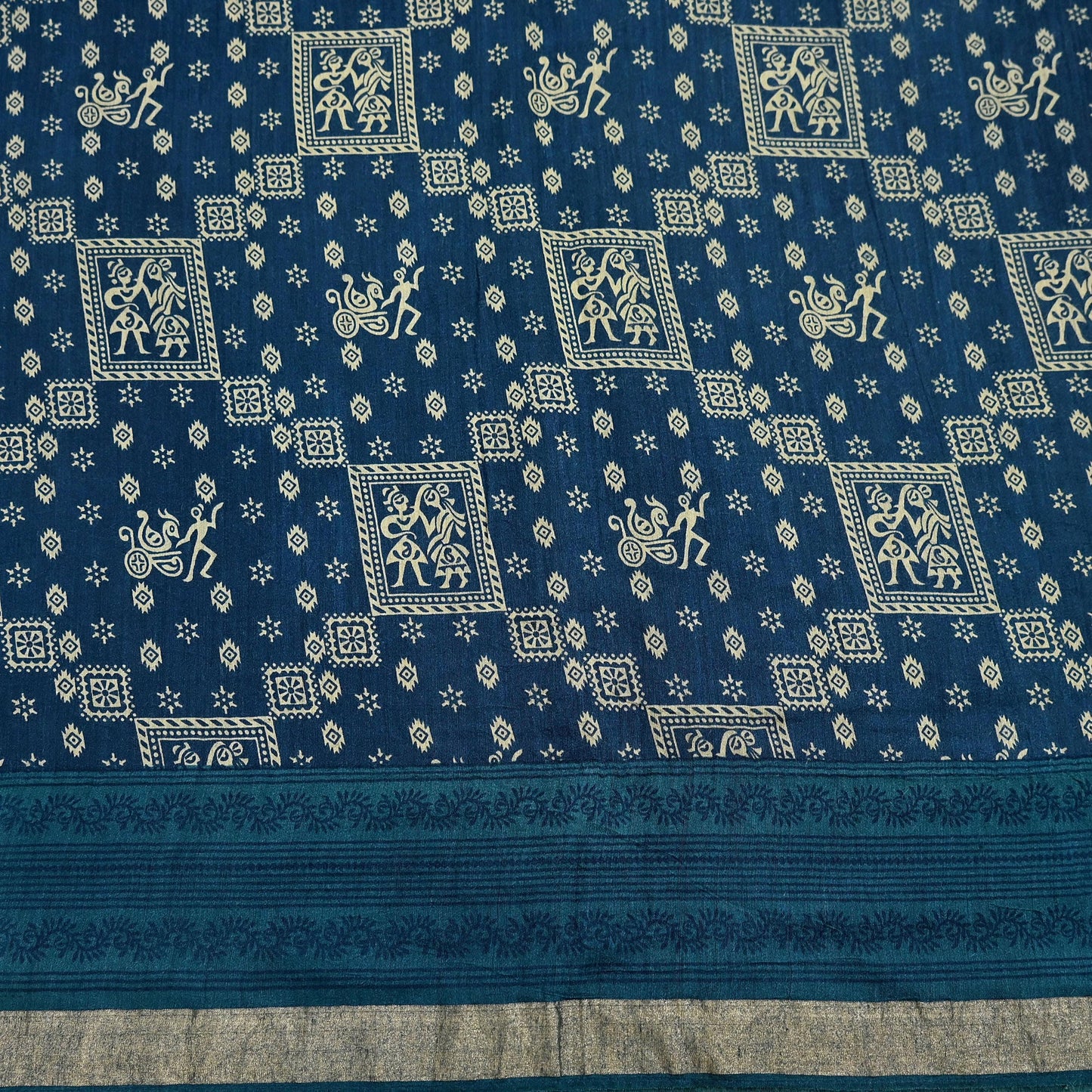 Indian Vintage Sari Blue Pure chanderi Silk Bagru Printed Sarees Fabric 5Yd Floral Soft Golden Zari Border Ethnic Dress making Upcycle